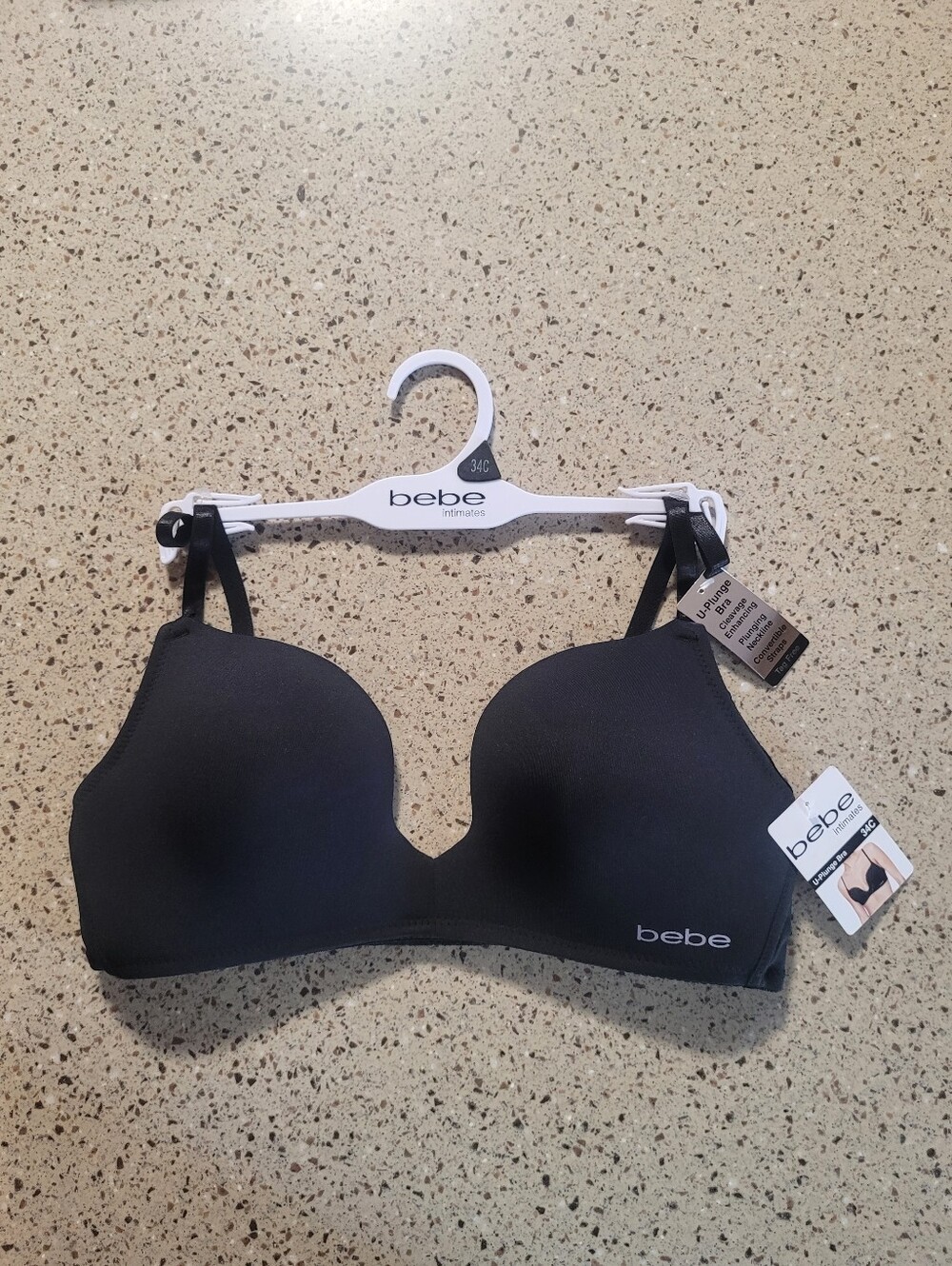 Bebe Womens Size 34C U Plunge Black Bra Convertible Straps Plunging Neckline